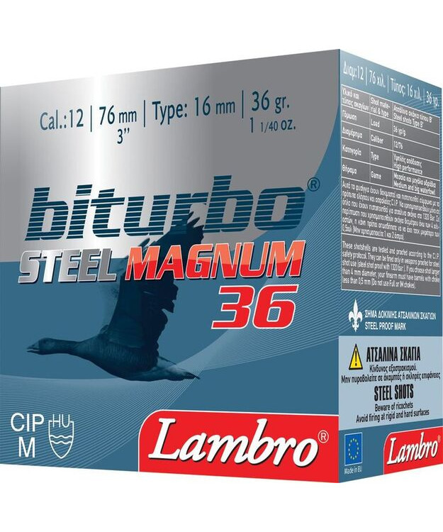 LAMBRO 12/76 BITURBO STEEL NR 4 36g 3,3mm  Sopii ainoastaan teräshaulikelpoisille haulikoille!